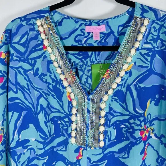 NWT Rare Lilly Pulitzer Wilda Maxi Caftan Iris Blue Mai Tai Size XS Missing Belt - Picture 6 of 11